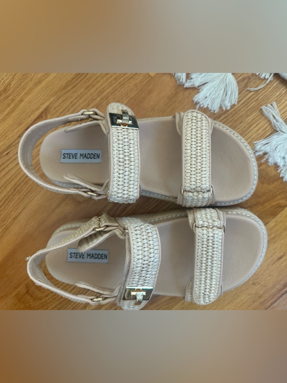 Steve Madden Woven Cream Braided Strap Sandals with Gold Buckles
